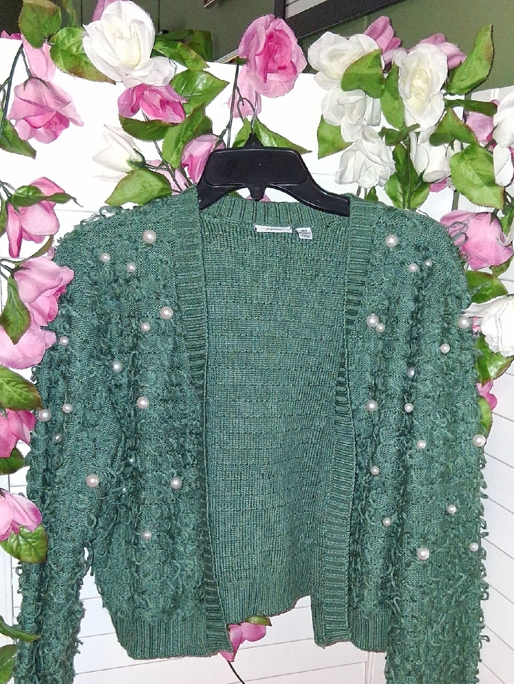 Mighty Fine Green Pearl-Embellished Open-Front Cardigan